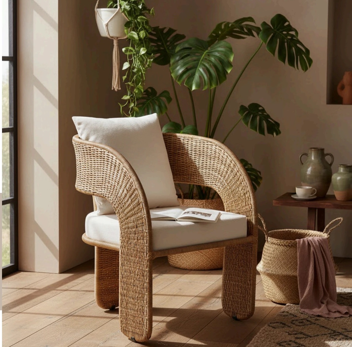 Cadeira Nalu em sala com plantas e luz de fim de tarde